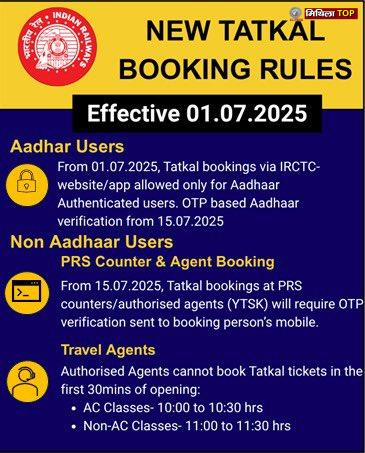 भारतीय रेलवे ने तत्काल टिकट बुकिंग में किया बड़ा बदलाव